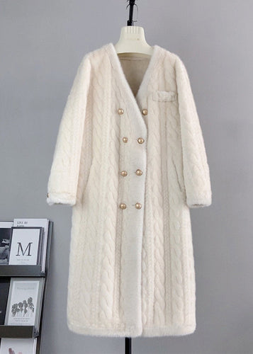 Drune | Weiße V-Ausschnitt-Taschen Doppelt brustige Mink Cashmere Mäntel Winter