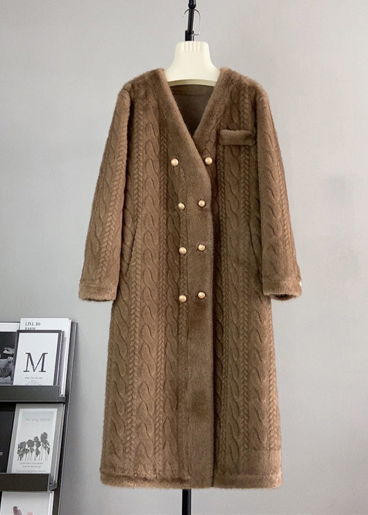 Drune | Weiße V-Ausschnitt-Taschen Doppelt brustige Mink Cashmere Mäntel Winter