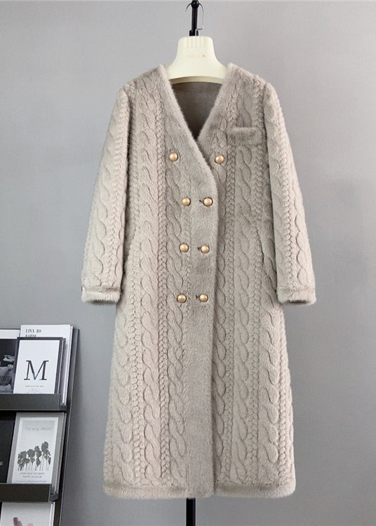 Drune | Weiße V-Ausschnitt-Taschen Doppelt brustige Mink Cashmere Mäntel Winter