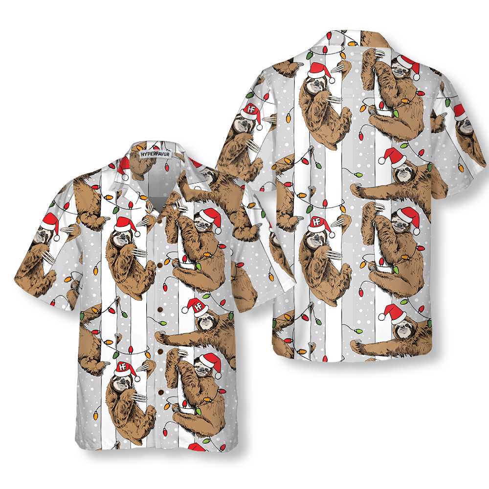 Drune | Lustiger Faultier mit Weihnachtsmannmütze Graues Weihnachts-Hawaiian Shirt, Bestes Weihnachts-Faultier Hawaiian Shirt für Faultier-Liebhaber