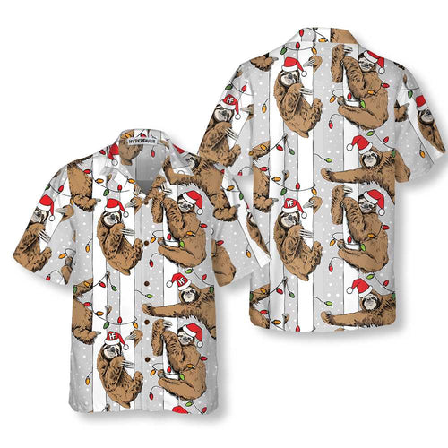 Drune | Lustiger Faultier mit Weihnachtsmannmütze Graues Weihnachts-Hawaiian Shirt, Bestes Weihnachts-Faultier Hawaiian Shirt für Faultier-Liebhaber