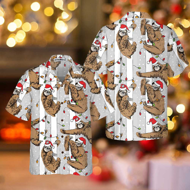 Drune | Lustiger Faultier mit Weihnachtsmannmütze Graues Weihnachts-Hawaiian Shirt, Bestes Weihnachts-Faultier Hawaiian Shirt für Faultier-Liebhaber