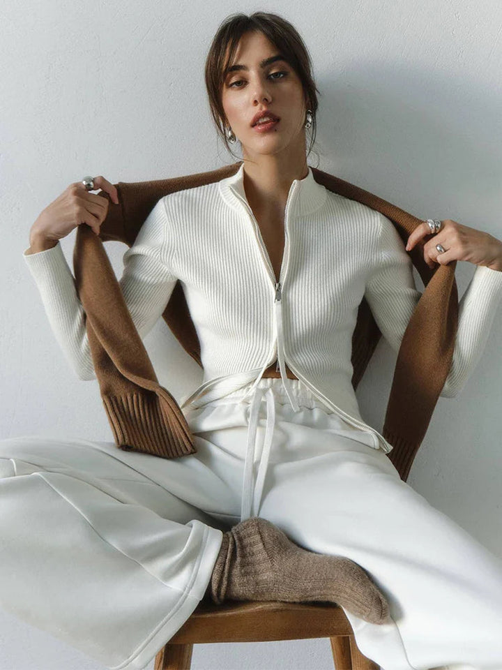 Drune | Damen Slim Fit Strickjacke mit Reißverschluss und Stehkragen