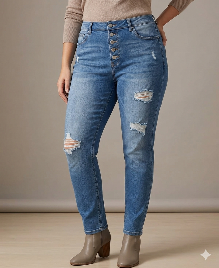 Drune | Trendige Skinny Damenjeans mit Modischen Knöpfen