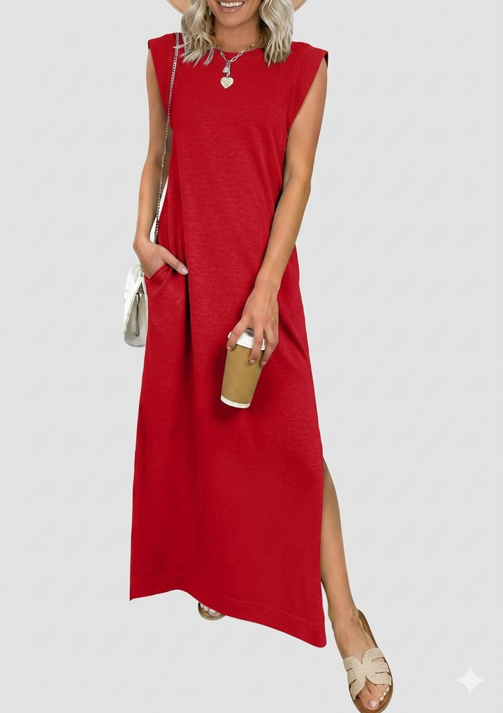 Damen lässiges Midi-Kleid mit tiefem Ausschnitt und praktischen Taschen Drune