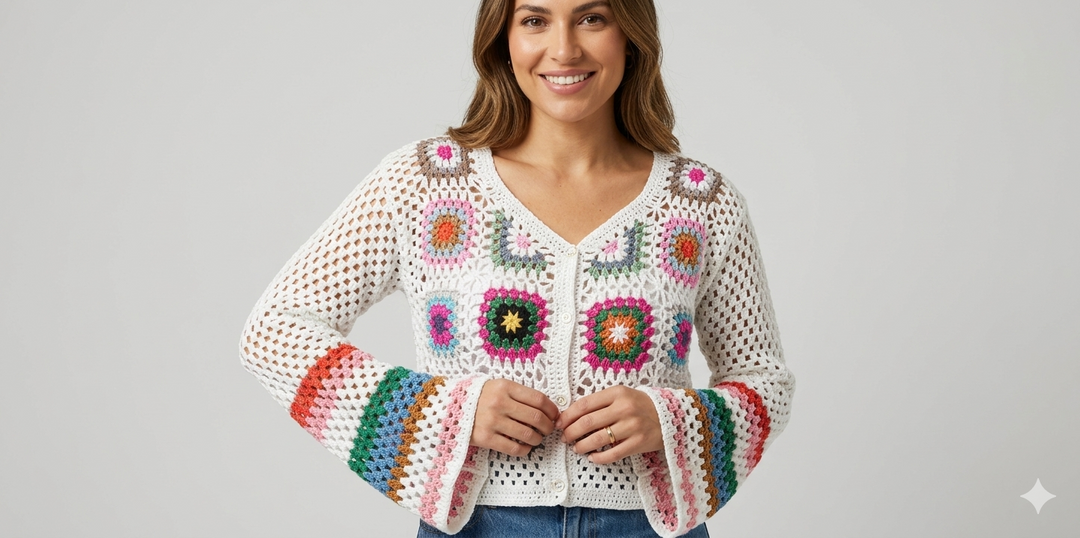 Damen luftige Strickjacke mit buntem Häkelmuster Drune