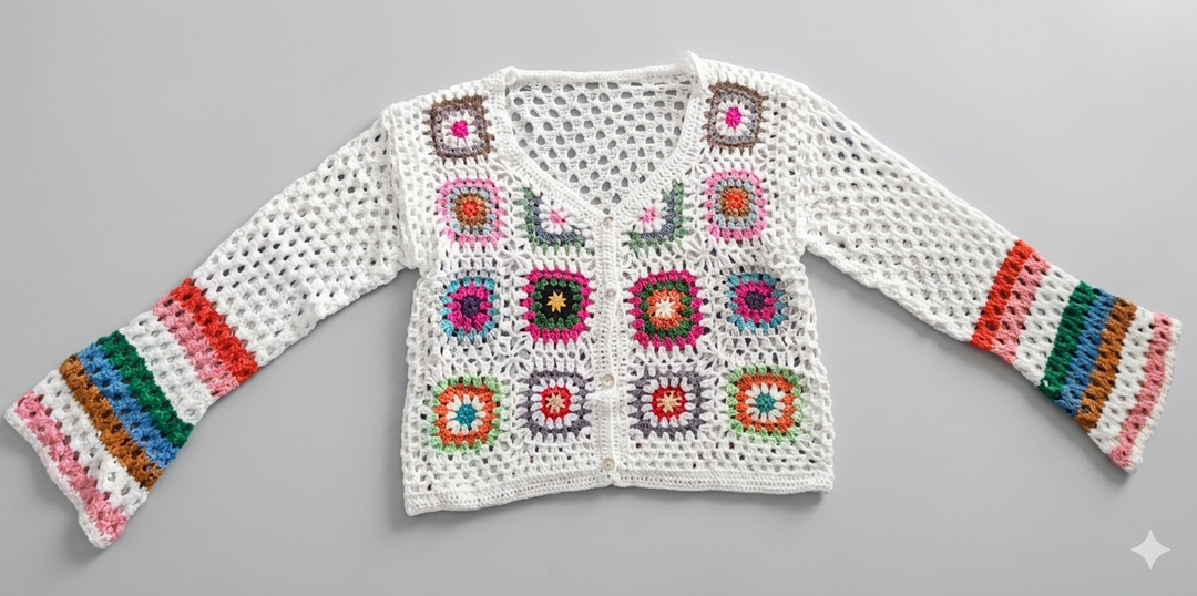 Damen luftige Strickjacke mit buntem Häkelmuster Drune