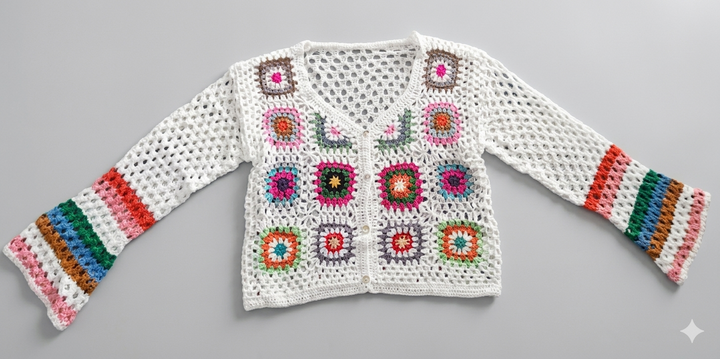 Damen luftige Strickjacke mit buntem Häkelmuster Drune