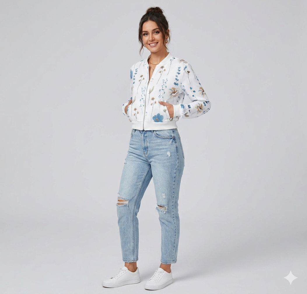 Damen Bomberjacke mit floralen Mustern und elastischem Abschluss Drune
