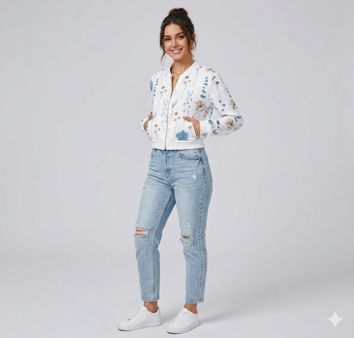 Damen Bomberjacke mit floralen Mustern und elastischem Abschluss Drune
