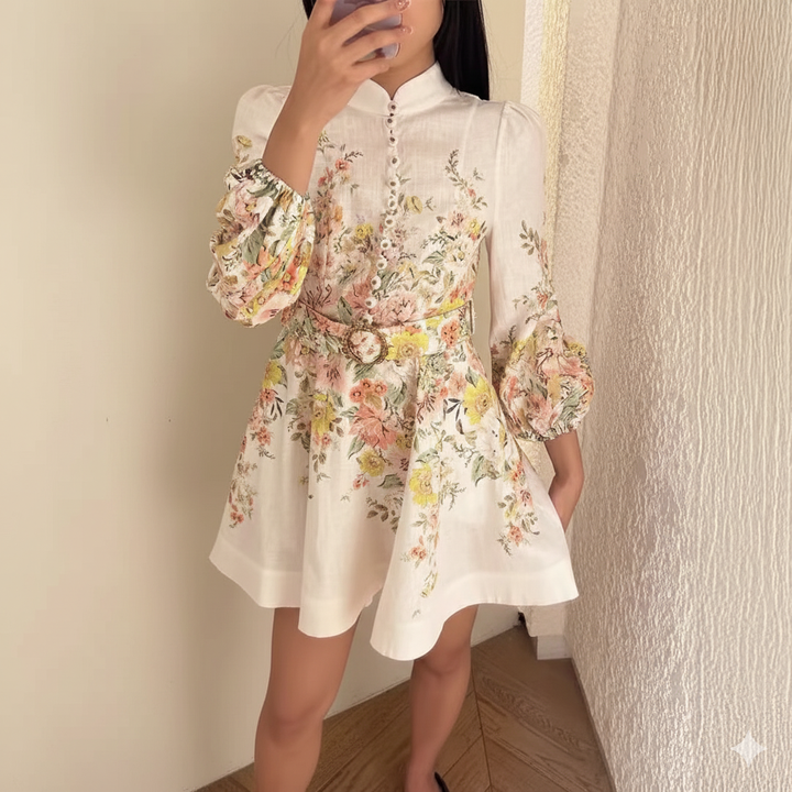 Drune | Baumwolle & Leinen Puffärmel Blumen Gürtel Kleid