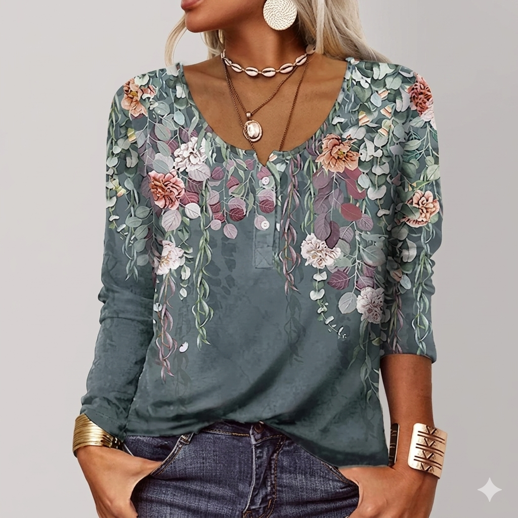 Drune | T-Shirt mit Langen Ärmeln und Blumenprint mit Rundhalsausschnitt und Langen Ärmeln