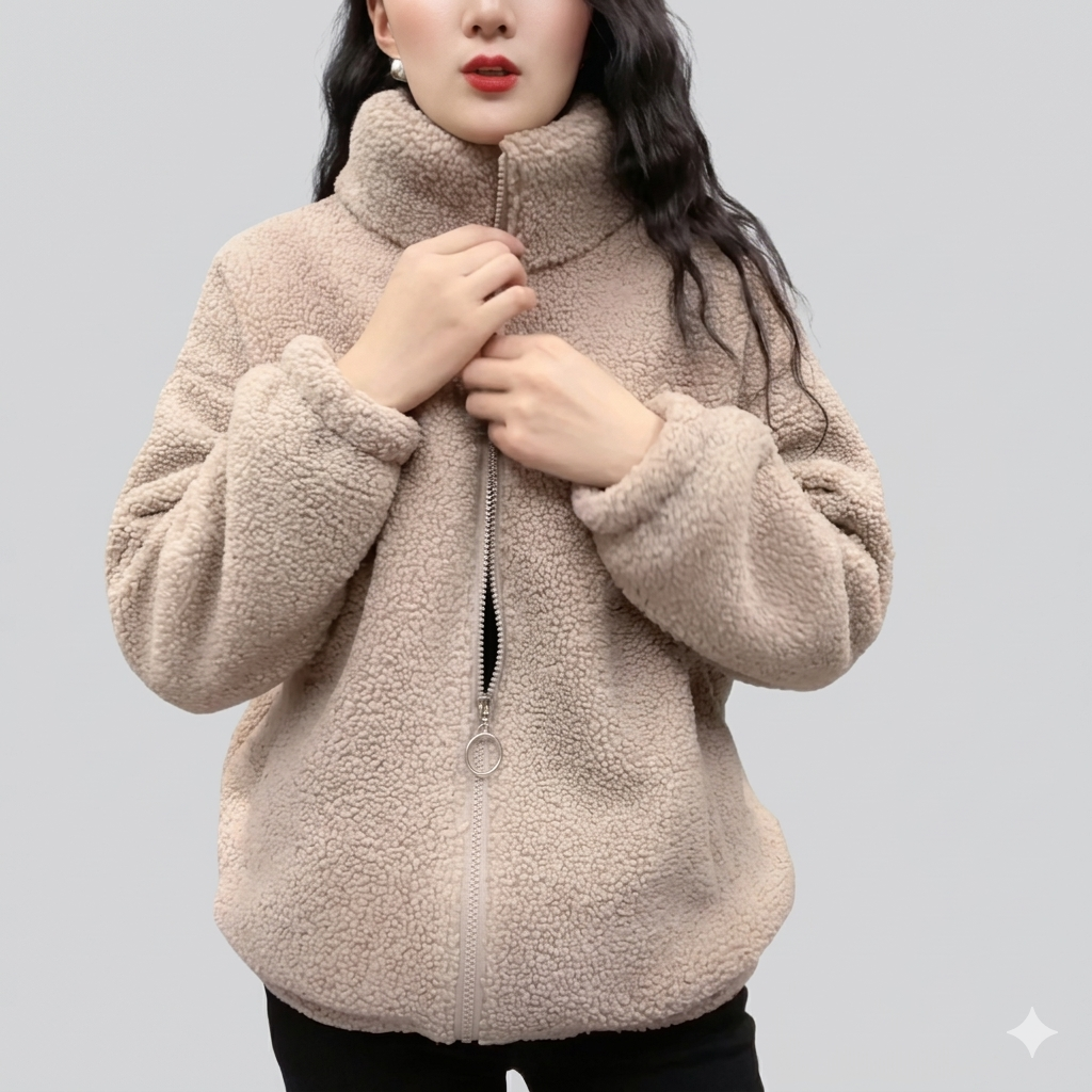 Damen Flauschige Fleecejacke mit hohen Kragen und seitlichen Taschen Drune