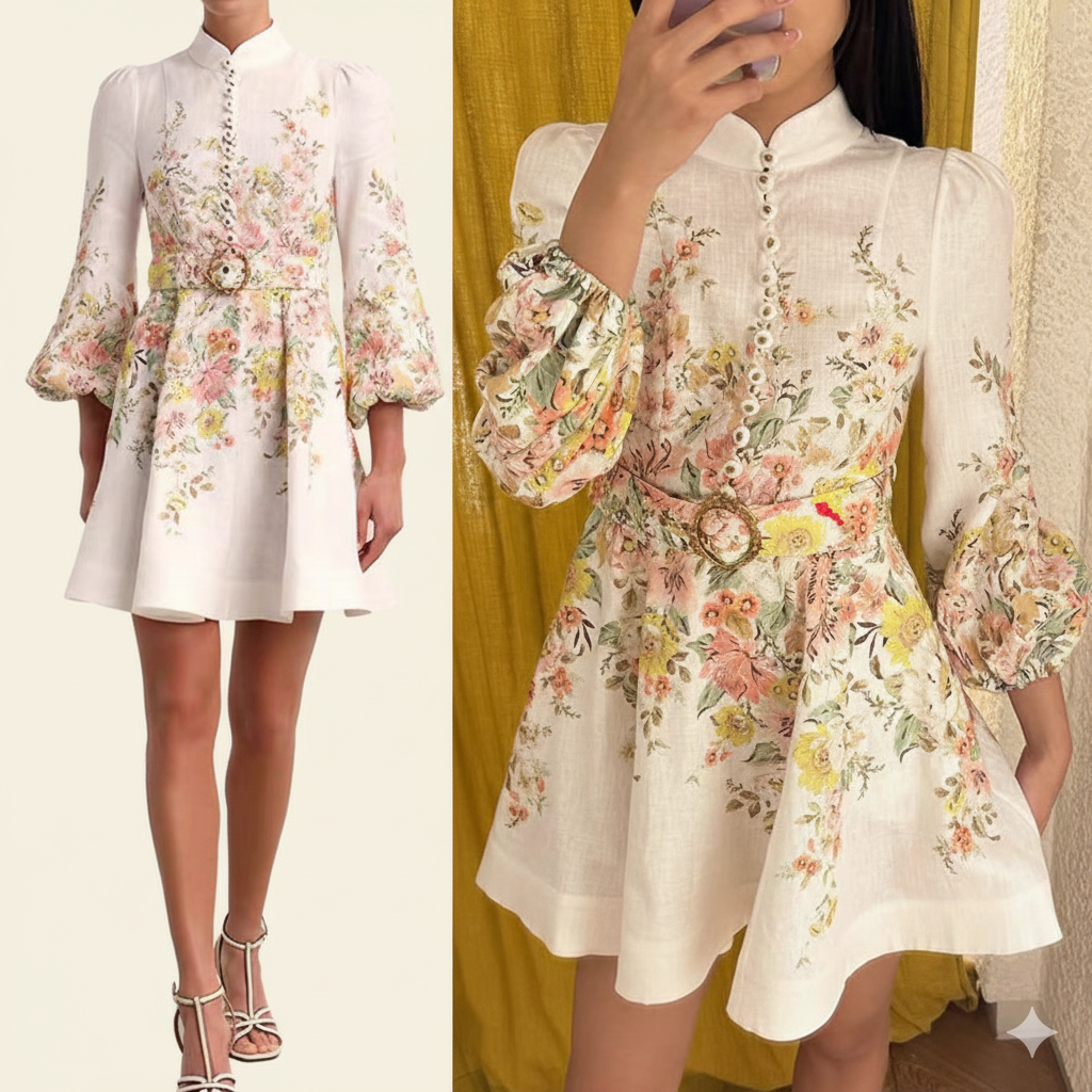 Drune | Baumwolle & Leinen Puffärmel Blumen Gürtel Kleid