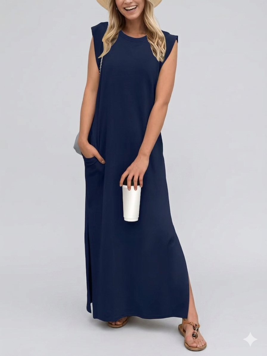 Damen lässiges Midi-Kleid mit tiefem Ausschnitt und praktischen Taschen Drune