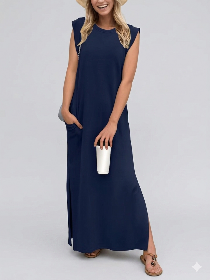 Damen lässiges Midi-Kleid mit tiefem Ausschnitt und praktischen Taschen Drune