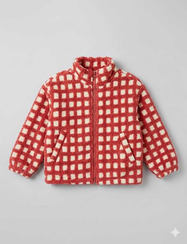 Damen kuschelige Oversized Fleecejacke mit Karomuster und hohem Kragen Drune