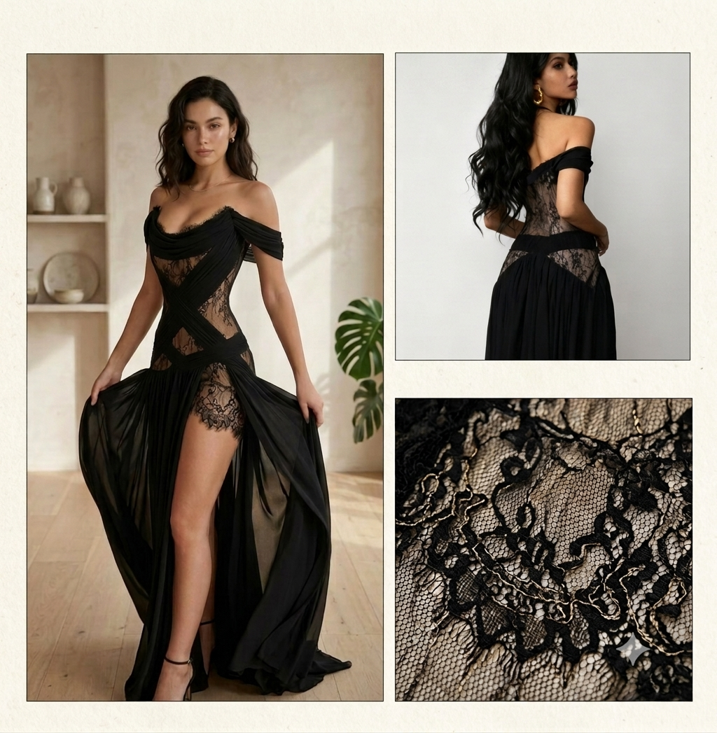 Damen Abendkleid mit transparenten Spitzeinsätzen und verführerischem Schnitt Drune