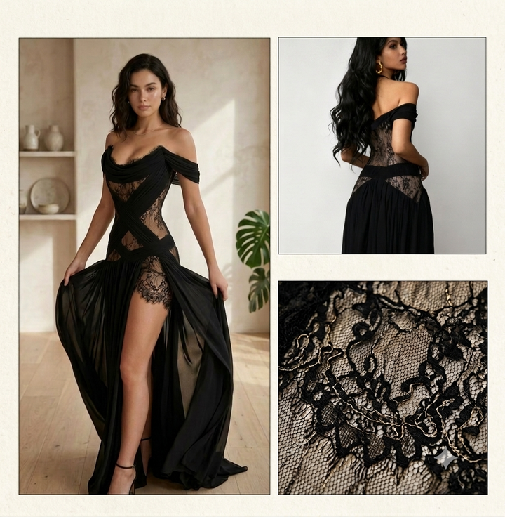 Damen Abendkleid mit transparenten Spitzeinsätzen und verführerischem Schnitt Drune