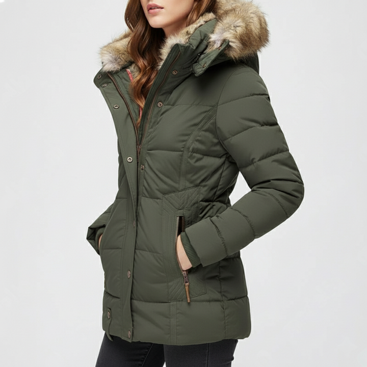 Drunef Damen Winterjacke | Mit Fellfutter, Langarm, Gefüttert