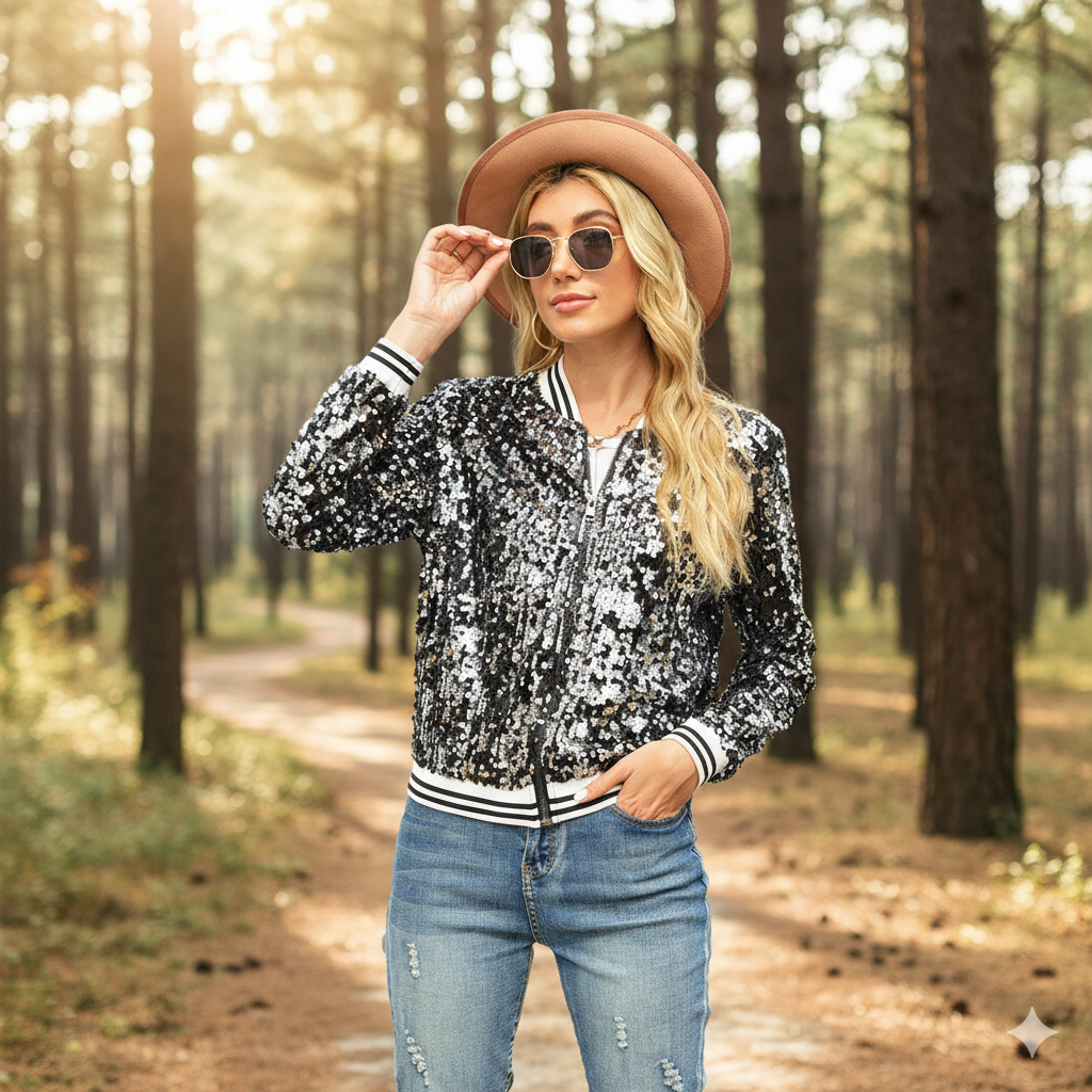 Damen Glamouröse Pailletten Bomberjacke Drune