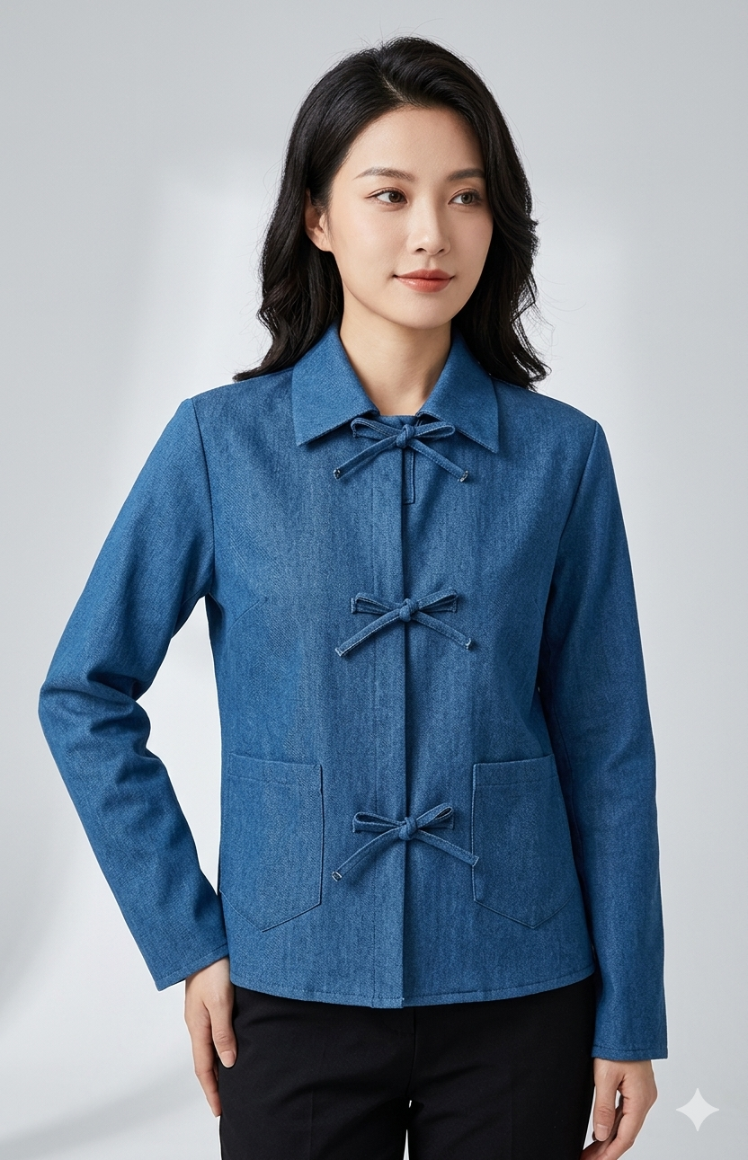 Damen modische Jeansjacke mit dekorativen Knopfdetails und zwei aufgesetzten Taschen Drune