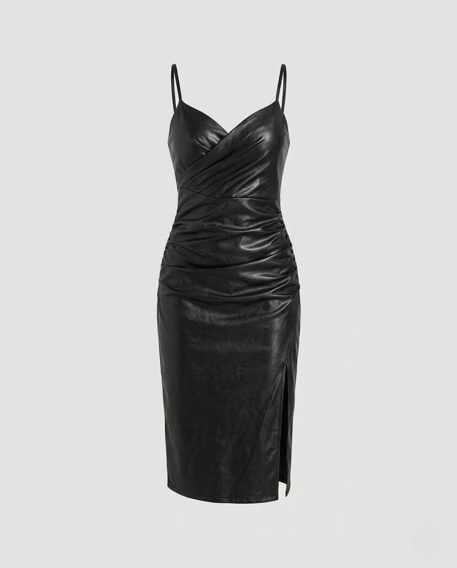 Damen figurbetontes Lederkleid mit Schlitz