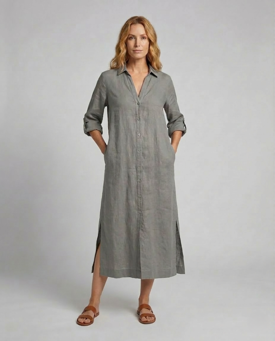 Leinen Maxikleid Damen mit Knopfleiste