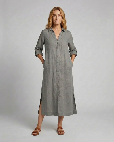 Leinen Maxikleid Damen mit Knopfleiste