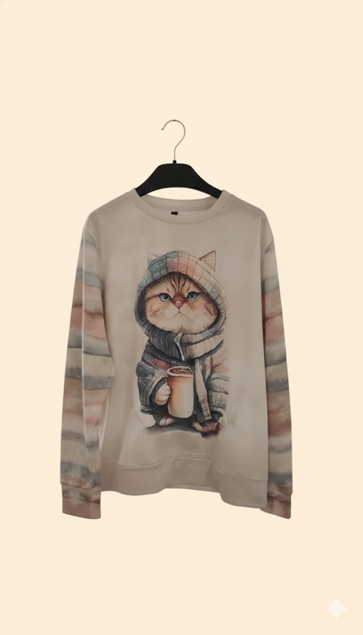 Drune | Pullover Lockere Passform Baumwollstrick Raglanärmel Katzenmotiv