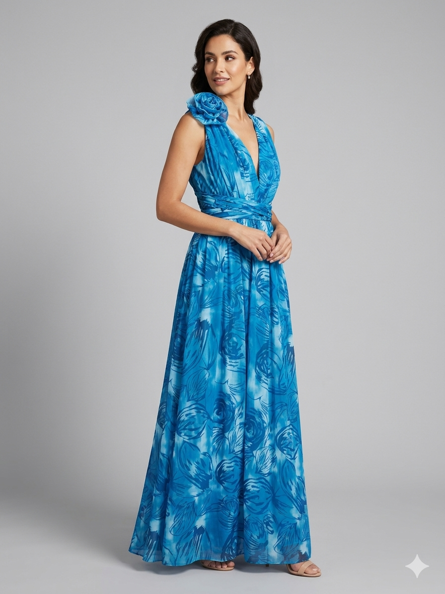 DamenMaxikleid aus leichtem, fließendem Chiffon mit romantischen Spitzenrändern Drune