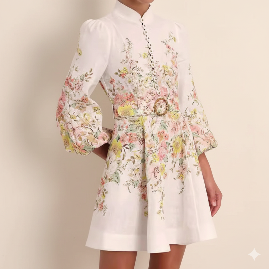 Drune | Baumwolle & Leinen Puffärmel Blumen Gürtel Kleid