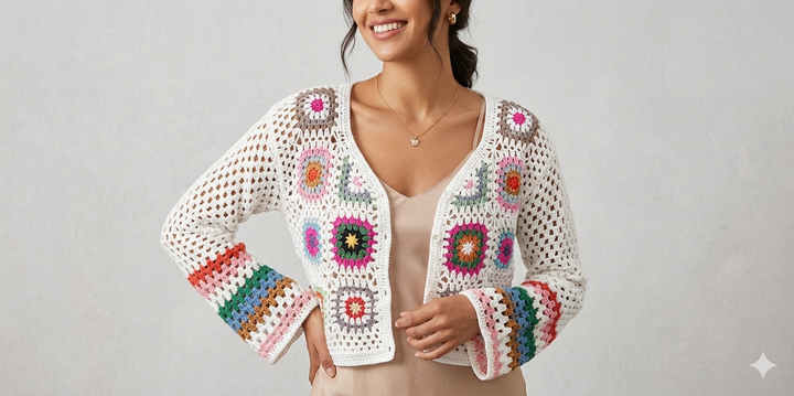 Damen luftige Strickjacke mit buntem Häkelmuster Drune