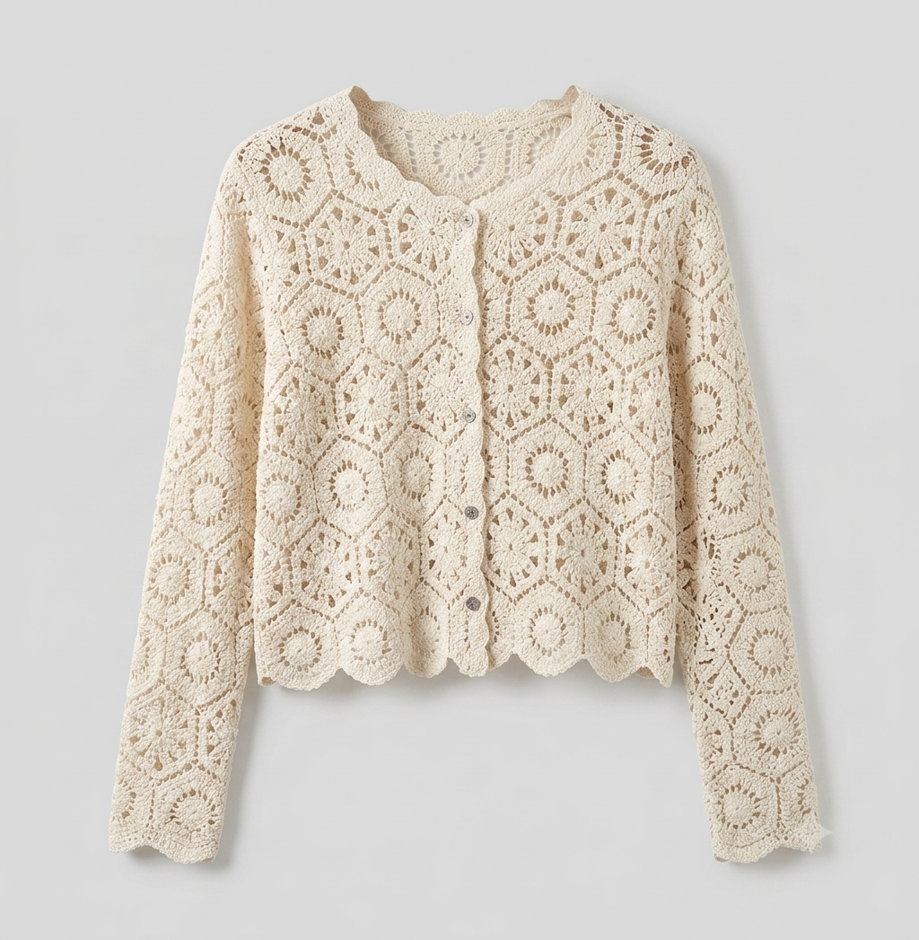 Damen lässige Strickjacke mit floralem Lochmuster und Knopfleiste Drune