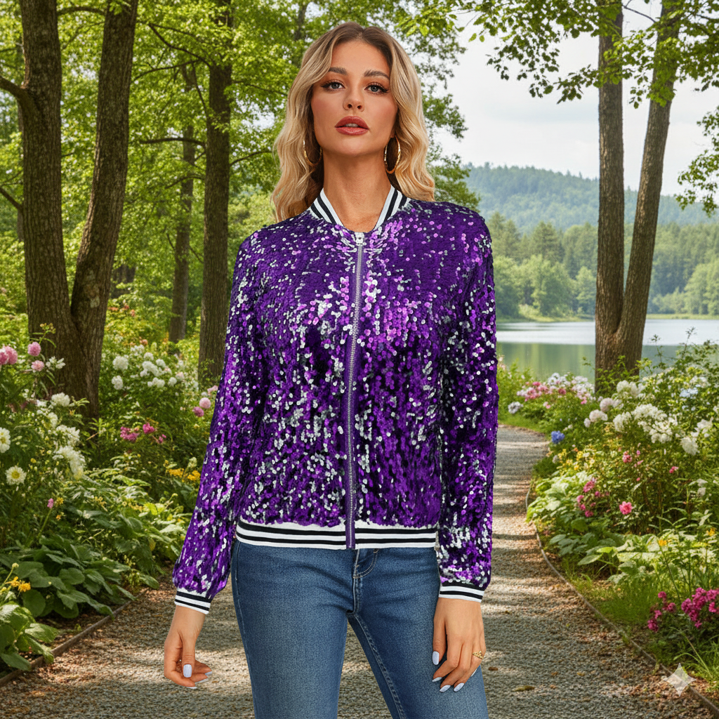 Damen Glamouröse Pailletten Bomberjacke Drune
