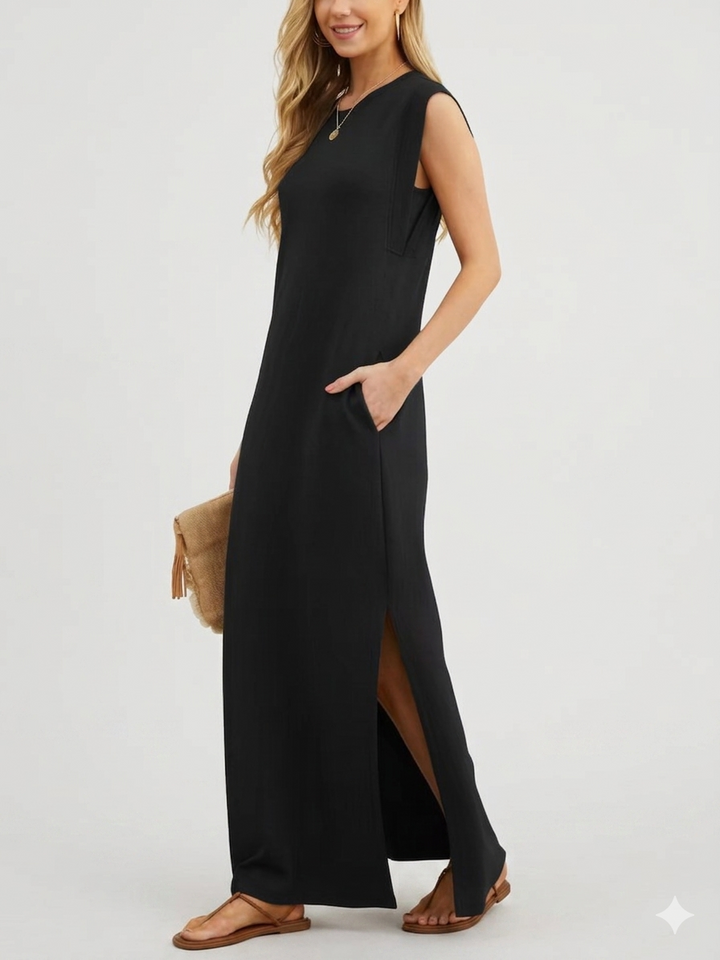 Damen lässiges Midi-Kleid mit tiefem Ausschnitt und praktischen Taschen Drune