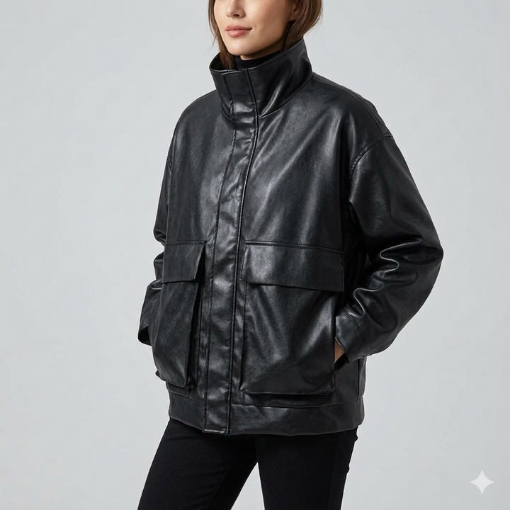 Damen modische lässige Lederjacke mit charakteristischen Taschen Drune