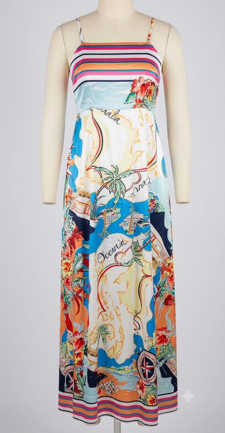 Damen Sommerliches Maxikleid mit auffälligem Grafikdesign und Spaghettiträgern Drune