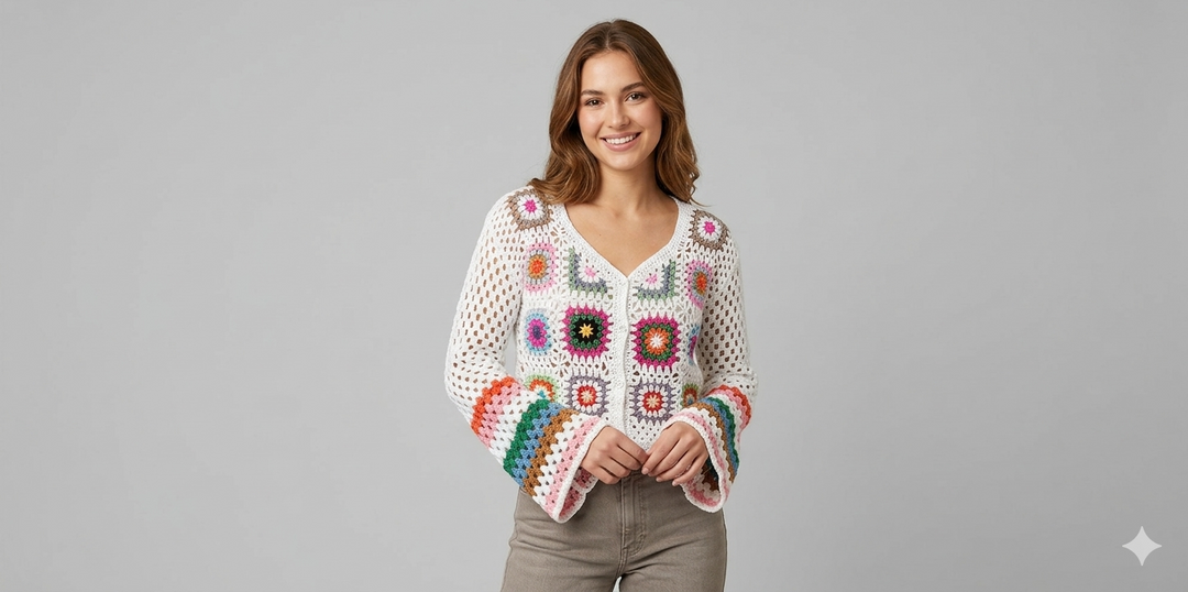 Damen luftige Strickjacke mit buntem Häkelmuster Drune