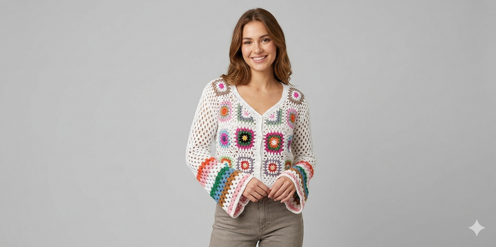 Damen luftige Strickjacke mit buntem Häkelmuster Drune