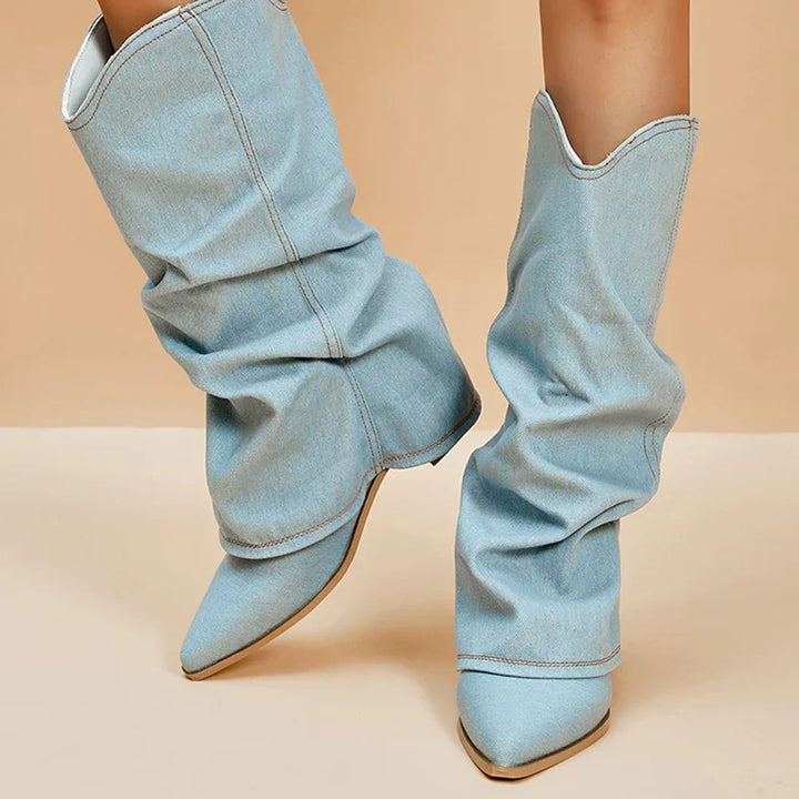 Drune | Denim kniehohe Stiefel