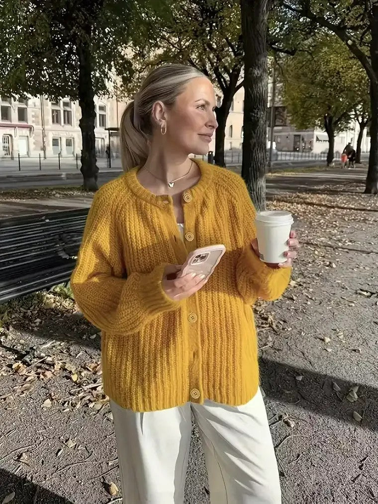 Drune | Damen Gerippt Strickjacke mit Knopfverschluss und Rundem Ausschnitt