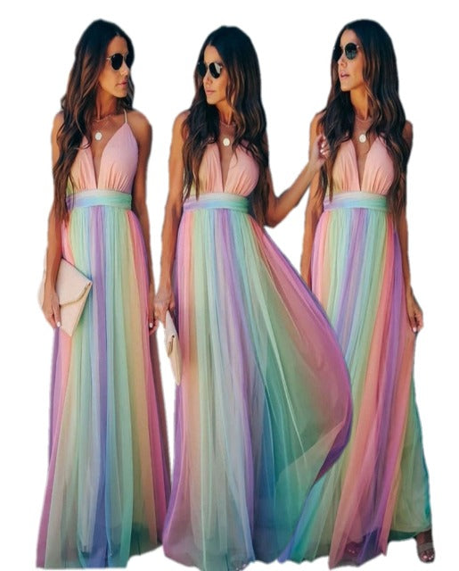 Drune | Regenbogen Spaghettiträger Damenkleid