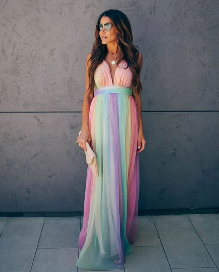 Drune | Regenbogen Spaghettiträger Damenkleid