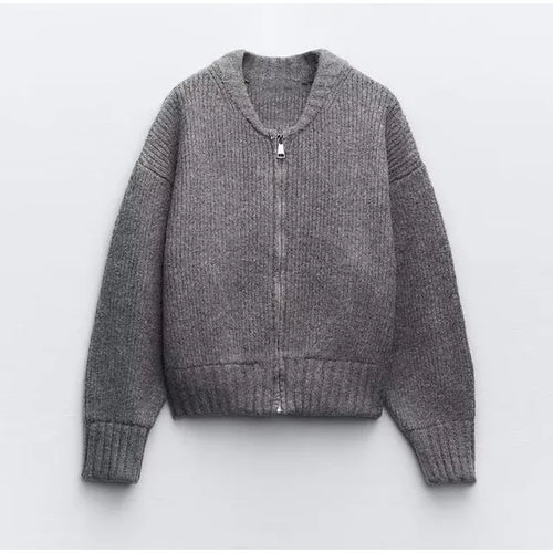 Drune | Eleganter Grauer Strickpullovermantel mit Rundhalsausschnitt für Frauen
