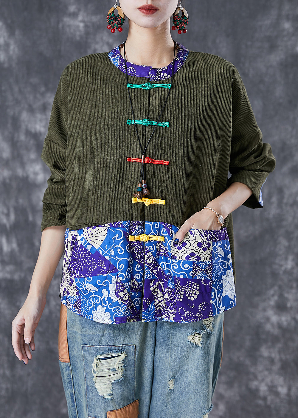 Drune | Patchwork Corduroy Mäntel Chinesischer Knopf