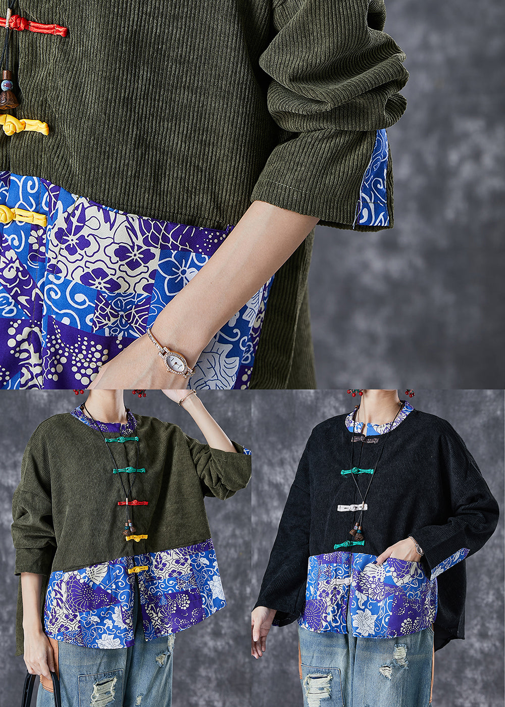 Drune | Patchwork Corduroy Mäntel Chinesischer Knopf