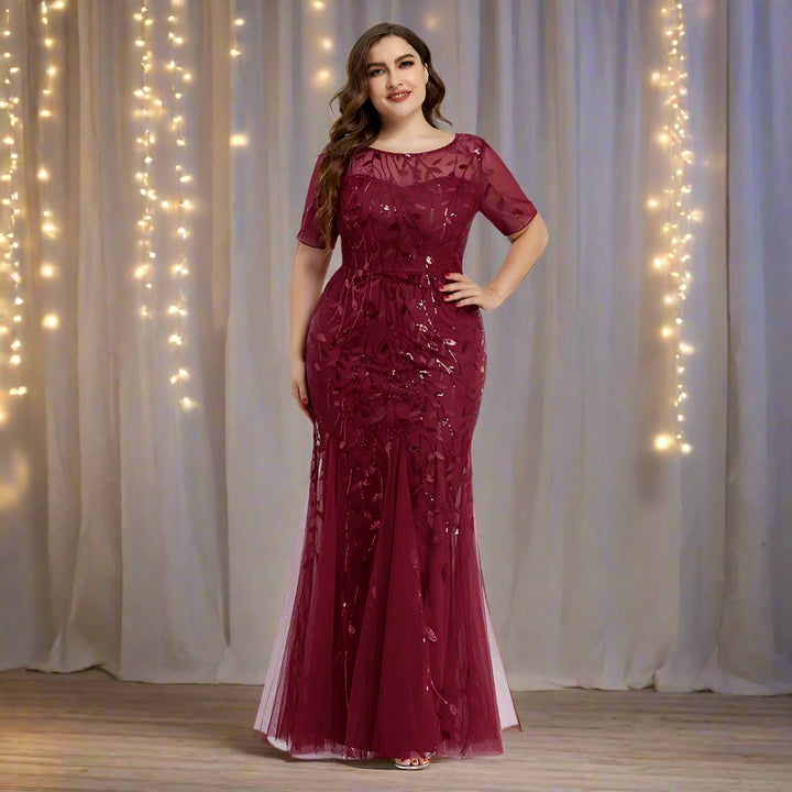 Drune | Damen Abendkleid in Übergröße Mit Pailletten Und Mesh Stickerei Im Meerjungfrau Stil