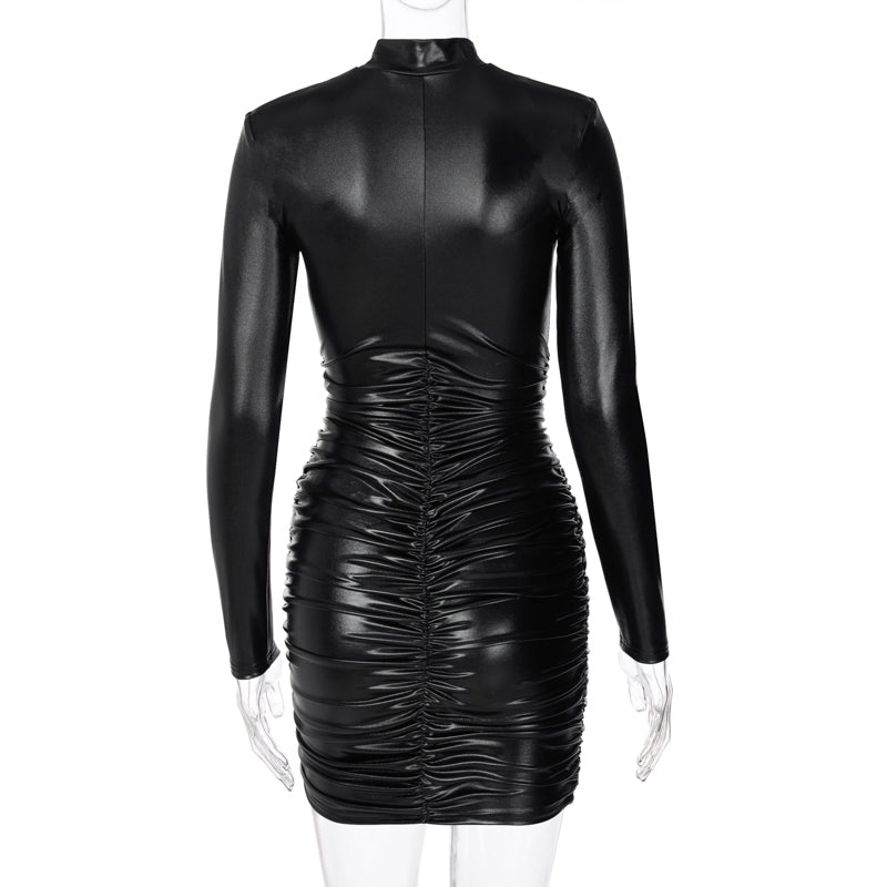 Drune | Mini Kleid mit hohem Kragen und langen gerafften Ärmeln