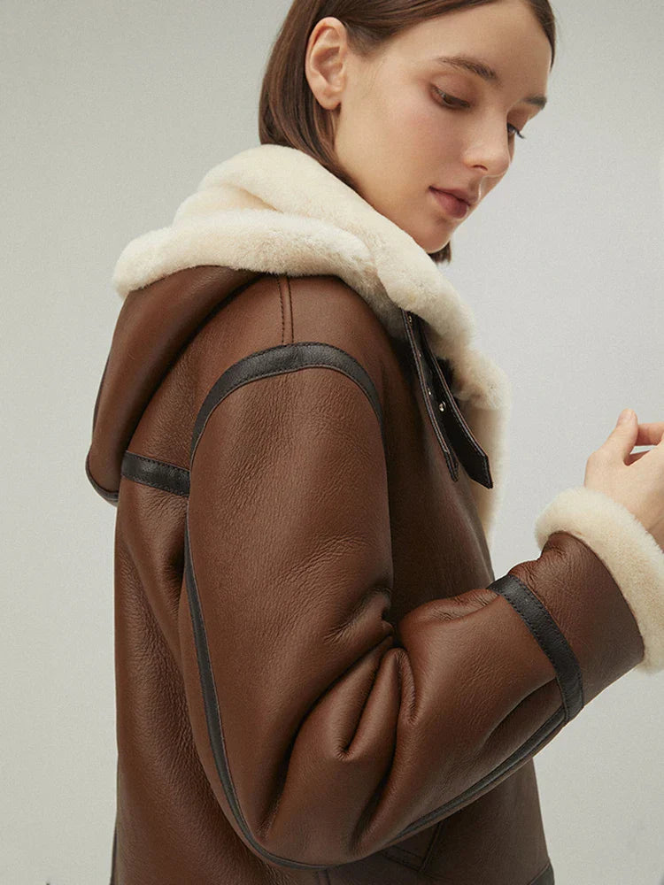 Drune | Stylische Schaffell Lederjacke mit Kapuze
